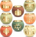 Set of 8 Fall Votive Candle Holder,Glass Tealight Holders with 6 Engraving Patterns,Thanksgiving Candlestick Holder for Home Wedding Table Centerpieces Decoration