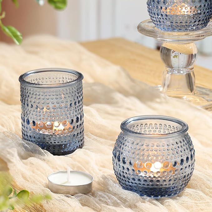 40 Pcs Assorted Blue Votive Candle Holders Bulk- Tea Light Candle Holder Glass for Wedding Bridal Shower Table Decor, Blue Candle Holders for Fall, Thanksgiving, Vintage Wedding Table Decor
