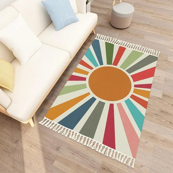Retro Sun Boho Rug Colorful Cute Rainbow Area Carpet Non-Slip Throw Rugs Mat Pad Washable Floor Mat Minimalist Decor for Living Room Bedroom Kids Room Nursery Playroom Classroom Dorm 4'x6'