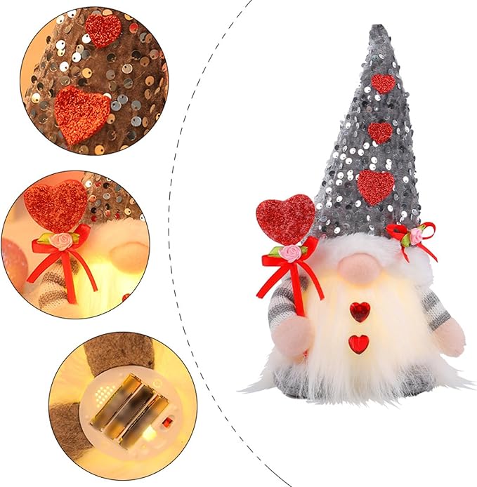 Light Up Gnome Valentine's Day Decorations Indoor Home Decor 11" Lighted Valentines Gnomes Decor Plush Scandinavian Tomte Elf Holiday Gnomes Ornaments Valentines Day Gifts for Her (Grey)