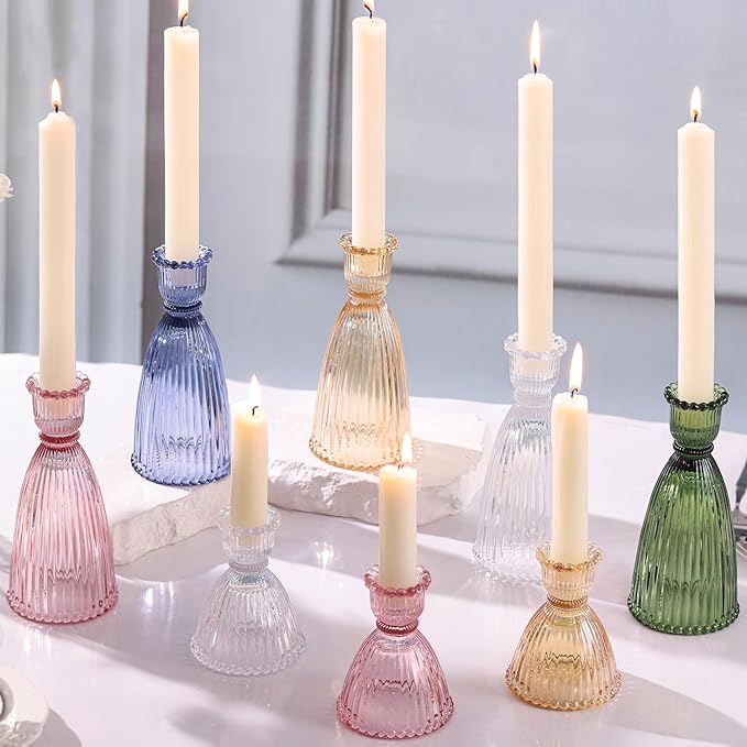 6 Pcs Blue Glass Candlestick Holders (3.5"/6", Assorted)- Tall Taper Candle Holders with Vintage Design, Candle Stick Holders in Bulk for Party Decorations, Blue Candle Holder for Tapered Candles