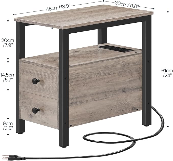 HOOBRO End Table with Charging Station, Narrow Side Table with 2 Drawers & USB Ports & Power Outlets, Nightstand for Small Spaces, Bedroom, Living Room, Stable and Sturdy, Greige and Black BG541BZ01