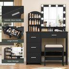 Quimoo Makeup Vanity with 10 Light Bulbs and Charging Station, Vanity Desk with Lighted Mirror & 4 Drawers, Vanity Table Set with Cushioned Stool,Black