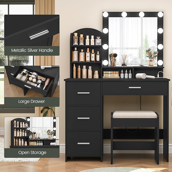 Quimoo Makeup Vanity with 10 Light Bulbs and Charging Station, Vanity Desk with Lighted Mirror & 4 Drawers, Vanity Table Set with Cushioned Stool,Black