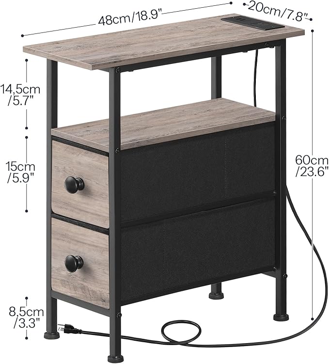 HOOBRO End Table with Charging Station, Narrow Side Table with 2 Fabric Drawers, Skinny Nightstand with Storage, Slim Bedside Table for Living Room, Small Spaces, Greige and Black BG487UBZ01