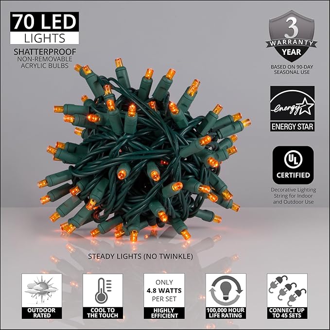 5mm LED Wide Angle Amber Prelamped Light Set, Green Wire - 70 5mm Amber LED Christmas Lights, 4" Spacing