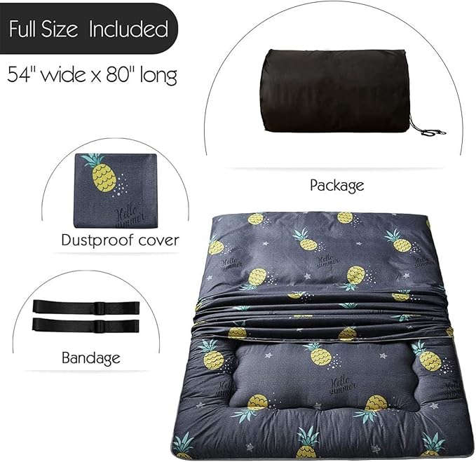 MAXYOYO Grey Pineapple Japanese Floor Futon Mattress, Tatami Floor Mat Portable Camping Mattress Kids Sleeping Pad Foldable Roll Up Floor Lounger Couch Bed Full Size with Mattress Protector Cover