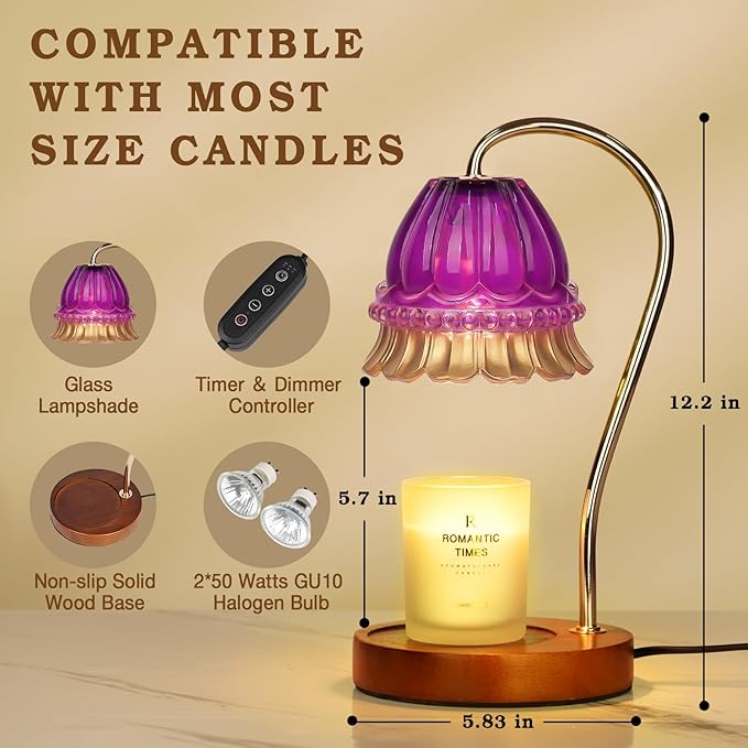 Flower Candle Warmer Lamp with Timer, Wax Warmer, Height Adjustable, Birthday Gifts for Women, Mom, Sister, Candle Lamp Warmer Gifts, Electric Dimmable Candle Warmer, Vintage Home Decor