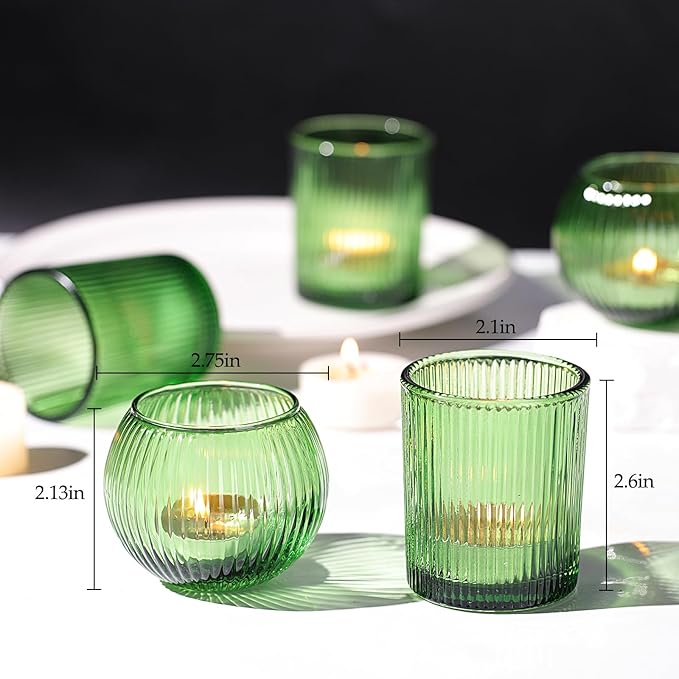 30pcs Assorted Ribbed Green Votive Candle Holders, Green Candle Holders for Wedding Centerpiece, Tea Light Candle Holder for Dinner Table Centerpiece, Home and Party Decorations