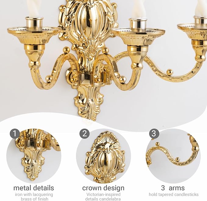 3-Candle Wall Sconces,Victorian Metal Wall Mounted Candlestick,Gold Crown Candle Holders for Tapered Candle,Gothic Antique Candelabra,Brass Baroque Decor for Living Rooms Hallways(1pack