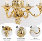 3-Candle Wall Sconces,Victorian Metal Wall Mounted Candlestick,Gold Crown Candle Holders for Tapered Candle,Gothic Antique Candelabra,Brass Baroque Decor for Living Rooms Hallways(1pack