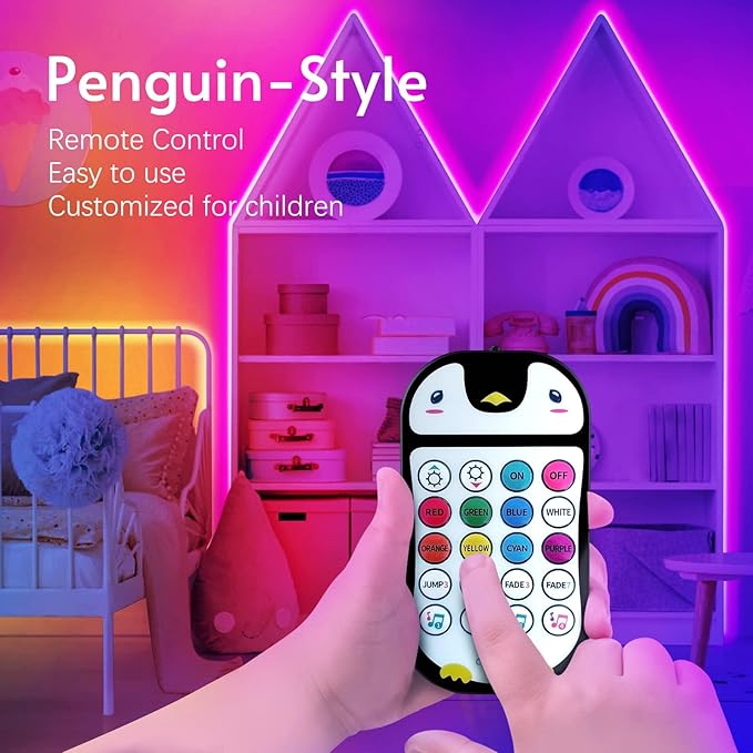TJOY 65.6ft Kids Bluetooth LED Strip Lights, Music Sync Tape Lighting RGB Color Changing Lighting with Penguin Style Remote, APP Control, LED Lightis for Bedroom, Room DIY (APP+Remote+Mic)