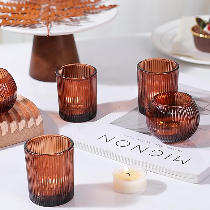 30pcs Assorted Ribbed Amber Votive Candle Holders, Amber Tea Lights Candle Holder for Wedding Decorations, Clear Glass Candle Holders for Fall Decor, Vintage Boho Party Home Table Centerpieces Decor