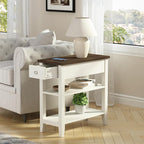 ChooChoo Side Table Living Room Set of 2, Narrow End Table with Drawer and Shelf, 3-Tier Sofa End Table for Small Space, White and Brown