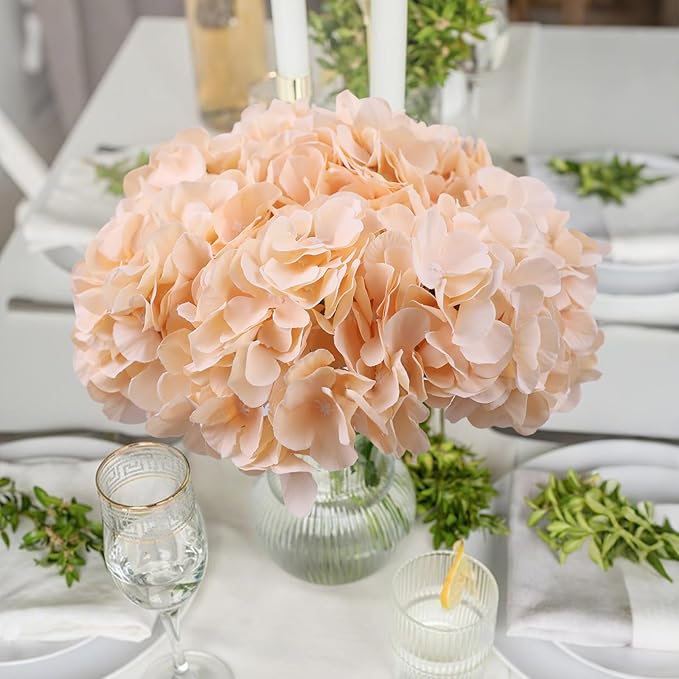 AVIVIHO 10pcs Hydrangea Artificial Flowers Champagne Fake Hydrangeas Flowers with Stems Full Fluffy, Realistic Silk Hydrangea for Table Centerpieces, Wedding,Party,Home Decor