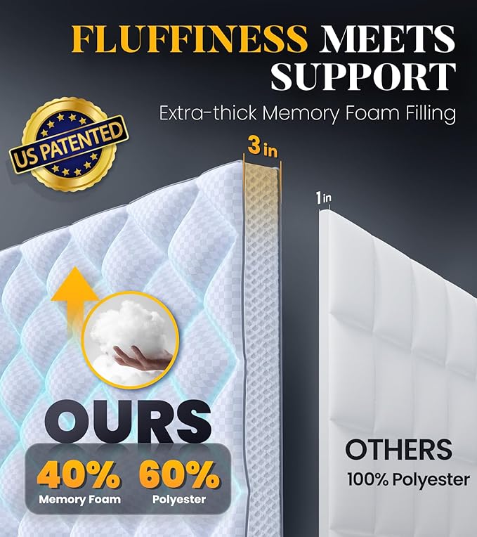 3 Inch Ultra-Fluffy Memory Foam Mattress Topper Cal King for Back Pain, Extra Soft Pillow Top Cal King Mattress Topper with 4X Support, Mattress Pad with Breathable Air Mesh Sides, 6-21'' Deep Pocket