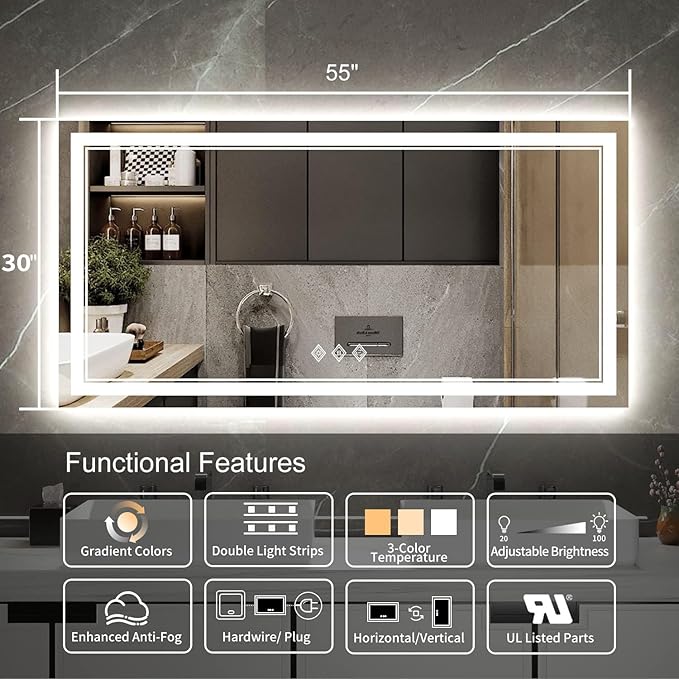 Backlit Bathroom Mirror, 55x30 Inch Gradient Front and Backlit Mirror, 3 Colors Dimmable CRI>90 Double Lights, IP54 Enhanced Anti-Fog, Hanging Plates Wall Mount LED Bathroom Mirror