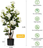 Artificial Camellia Tree 2 Pack, Artificial Plants Outdoor Faux Floral Plant in Cement Pot Fake White Silk Camellia Tree Plants for Home House Living Room Office Decor (White)