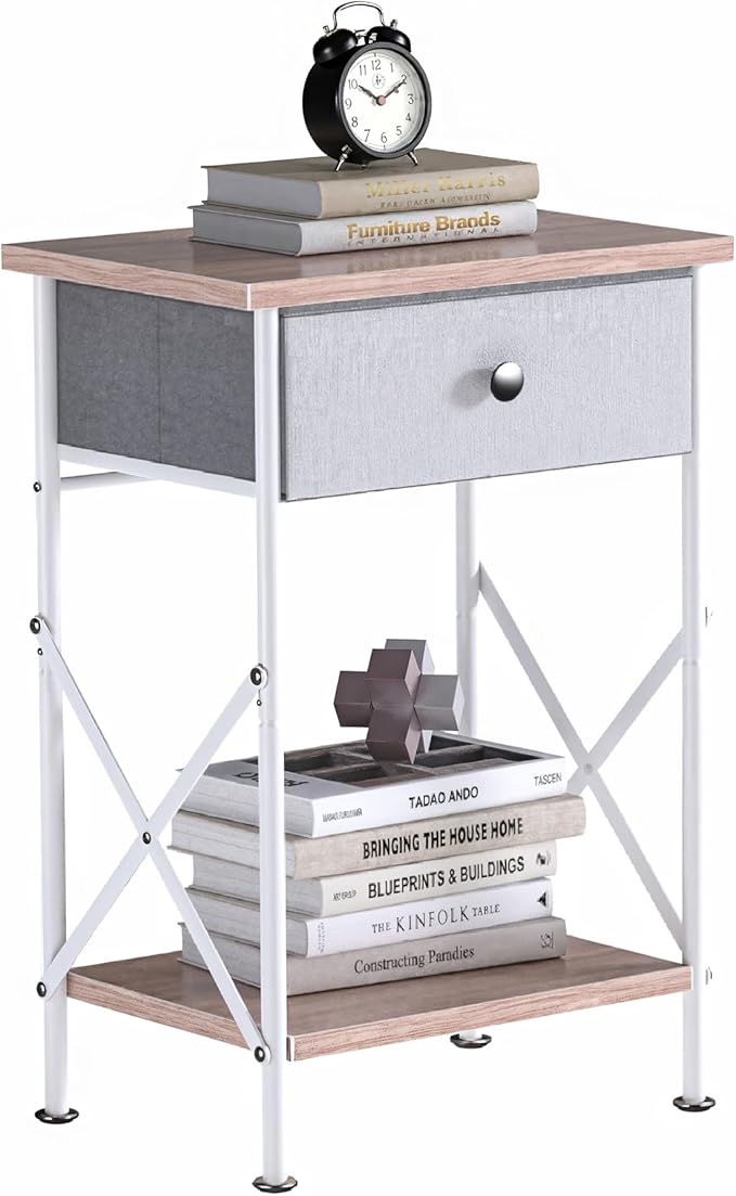 VECELO Nightstand with Drawer, Small Bedside Table with Storage and Adjustable Metal Legs, Wood End Table for Bedroom or Living Room, Perfect for Small Spaces and Modern Farmhouse Décor, Light Brown