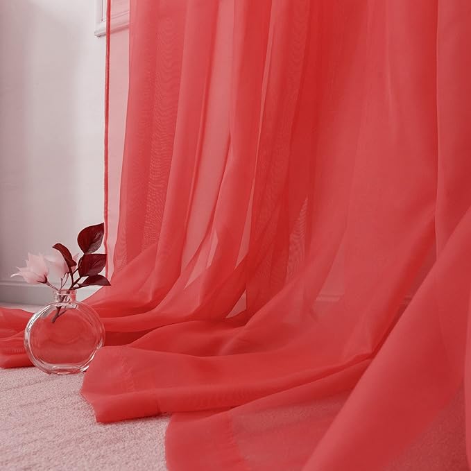 HUTO Christmas Red Sheer Curtains Window Drapes 2 Panels Rod Pocket Voile Sheer Panels Curtains 63 inches Long for Bedroom Living Room Nursery Study Room