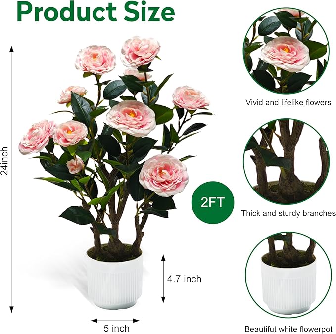 2Pack Artificial Camellia Tree, 2FT Faux Camellia Plant in Pot with Pink Flowers for Spring Home Front Door Outdoor Indoor Decoration,Pink