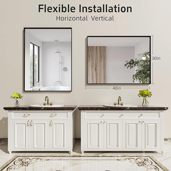 40x30 Inch Black Bathroom Mirrors for Over Sink, Wall Mirror, Metal Framed, Modern Rectangle Mirror, Wall-Mounted Vanity Mirrors Horizontal/Vertical