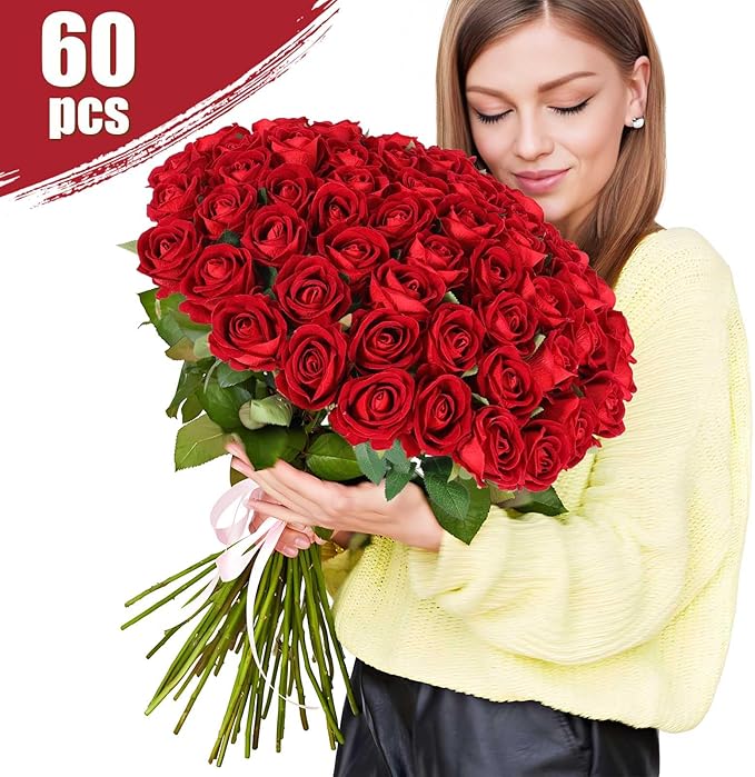 60 Pcs Artificial Roses Bulk Velvet Silk Red Rose Burgundy Roses for Wedding Centerpieces Bridal Bouquet Mohter's Day Valentine's Day Christmas Home Decor (60, Burgundy)