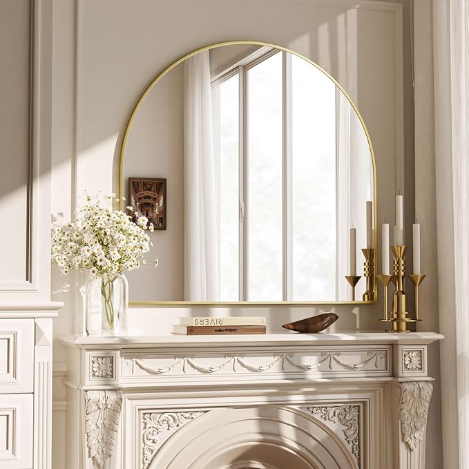 VooBang Wide Arched Wall Mirror, 31 x 32 inch Arch Bathroom Mirror, Wall Mounted Vanity Mirror with Arch Metal Frame, Modern Bathroom Vanity Mirror for Bedroom, Living Room, Hanging or Leaning, Gold