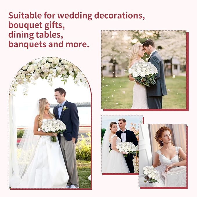 52 PCS White Artificial Roses Bulk, Fake Artificial Flowers Bridal Bouquet Silk Faux Rose with Stems for Wedding Flowers Decoration, Valentine's Day, Bridal Bouquet, Anniversary, Home Decor (52PCS)