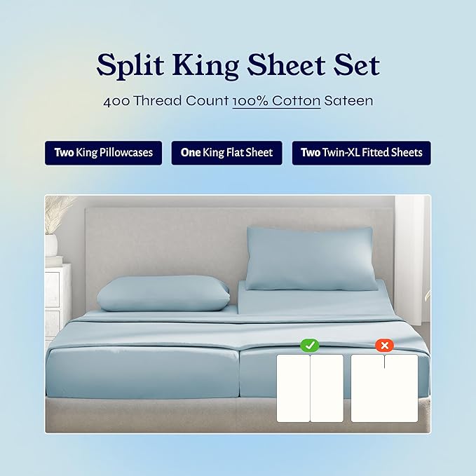 California Design Den Split King Sheets Sets for Adjustable Bed - Soft 400 Thread Count Sateen, Natural 100% Cotton Sheets with Deep Pockets, Breathable, Cooling and Durable Bedding Set - Sky Blue