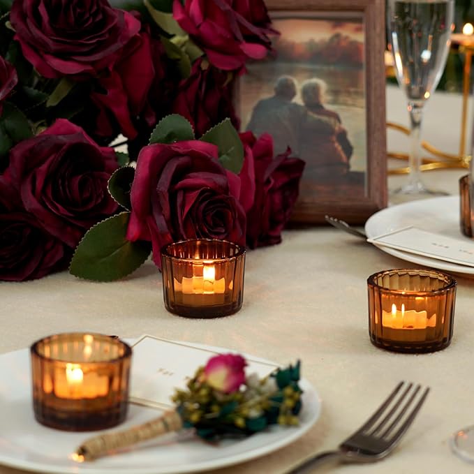 Homemory 12 Pcs Tealight Candle Holders, Amber Votive Candle Holders, Glass Candle Holder for Table Centerpiece, Wedding, Baby Shower, Birthday, Party, Halloween, Christmas