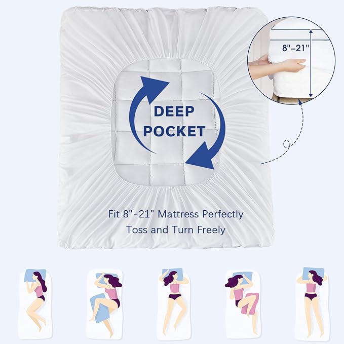 CYMULA Queen Mattress Topper, Extra Thick Pillow Top Mattress Topper, Firm Cooling Mattress Pad Cover with 8-21 Inch Elasticated Deep Pockets, Plush Down Alternative Fill Mattress Protector