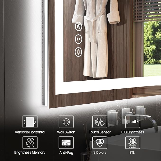 30"X36" LED Bathroom Mirror with Front Lights and Backlit, Anti-Fog, Dimmable, Shatter-Proof Tempered Glass, Lighted Bathroom Vanity Mirror for Wall with 3 Colors, Memory Function