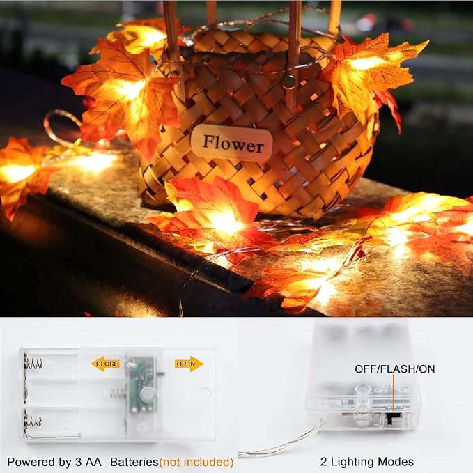 4 Pack Thanksgiving Decorations Maple Leaf Pumpkin Lights, Total 40Ft 80 LED Battery Operated 3D Pumpkin Fall Leaves Garland String Lights for Home Mantel Table Porch Door Indoor Outdoor Fall Decor