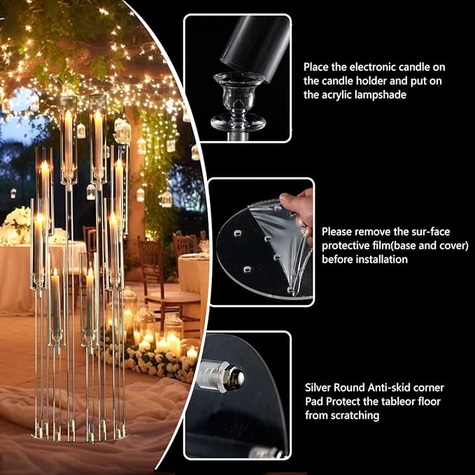 2PCS Acrylic Candelabra Centerpieces,Tall Clear Floor Candelabra for Wedding 8 Arm Candle Holder with Acrylic Shade Circular Base for Party Table Decoration Fit 0.87 LED Candle