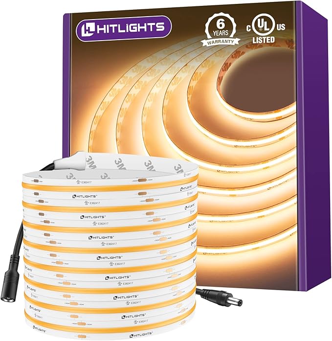 HitLights COB LED Strip Lights Warm White 2700K, 16.4ft Premium High Density 24V Tape Light, 2560 LEDs, 350+ LM/FT, CRI 90+, IP30, Lighting for Kitchen, Cabinets, UL Listed (Power Source Not Included)