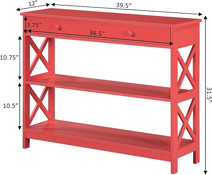 Convenience Concepts Oxford 1 Drawer Console Table with Shelves, Coral