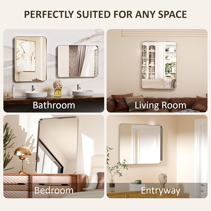 24×32 Silver Bathroom Mirror for Over Sink - Rectangular Bathroom Mirrors with Tempered Glass & Aluminum Frame, for Restroom Vanity, Entryway, Bedroom, Horizontal/Vertical, Rounded Corners