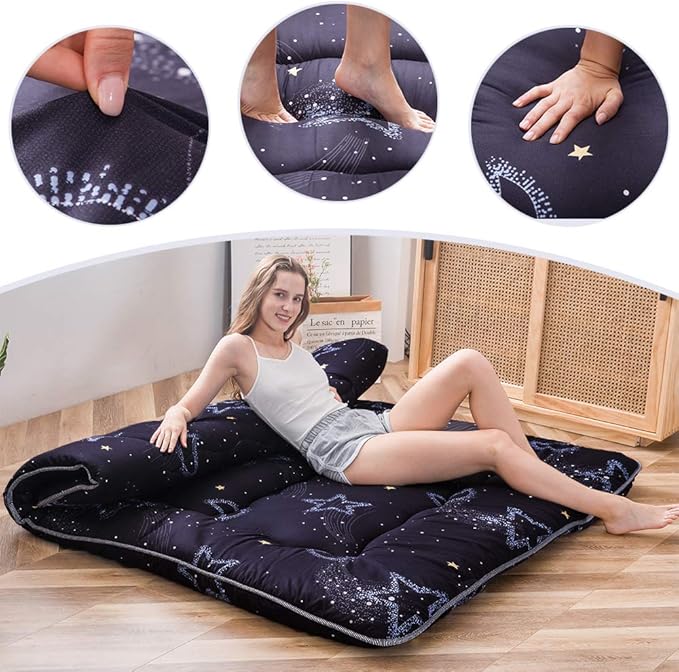 MAXYOYO Japanese Futon Mattress Floor Mattress Sleeping Pad Foldable Bed Roll Up Camping Cushion Floor Lounger Bed Couches and Sofas Couch Topper, Moon and Star, Queen Size
