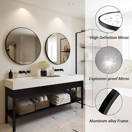 18 inch Round Mirror, Round Wall Mirror, Metal Frame Black Circle Mirror, Black Round Mirrors for Wall, Bathroom, Bedroom, Vanity, Hallway.