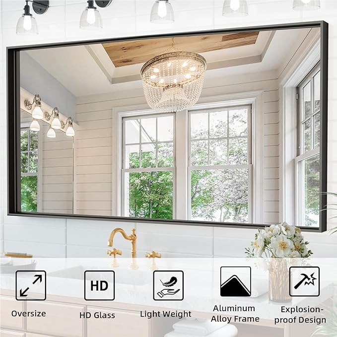 60x30 Inch Black Bathroom Mirrors for Over Sink, Rectangle Framed Mirrors, Vanity Mirror for Bathroom, Anti-Rust, Tempered Glass, Wall-Mounted Large Wall Mirror (Horizontal/Vertical)