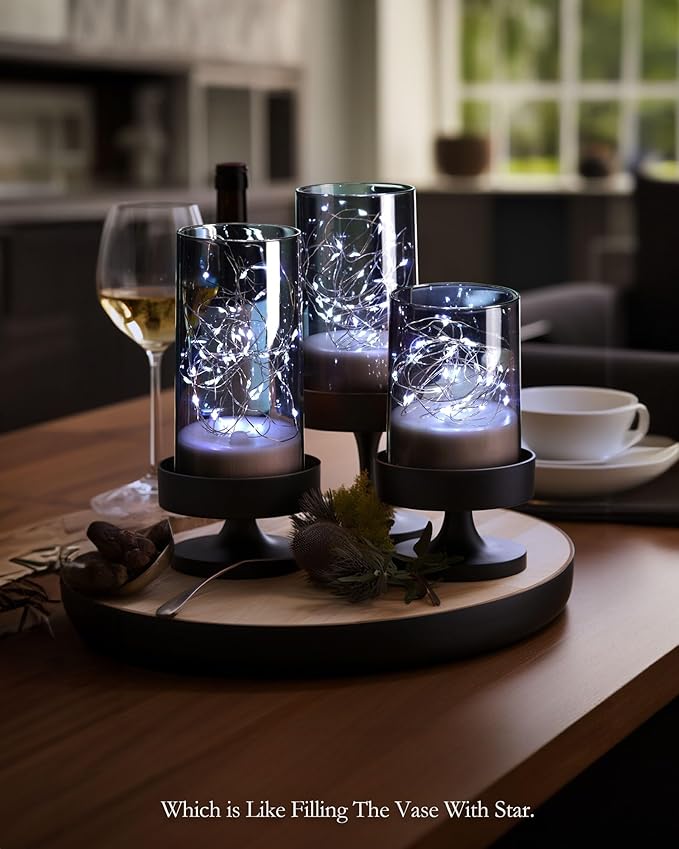 Homemory Flickering Flameless Candles with Remote, Embedded String Lights in Acylinder Vase, Battery Operated Fake Candles, Gray LED Candles with Timer for Home Decor, 8 Mode Lights, Set of 3