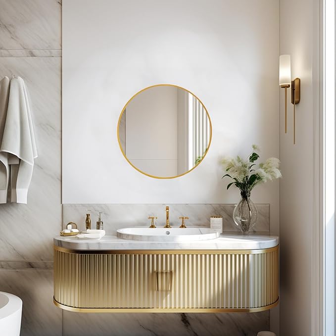 Gold Round Mirror 16 inch, Small Round Mirror, Gold Circle Mirrors, Metal Frame Circle Mirrors for Bathroom, Bedroom, Vanity, Wall Decor.