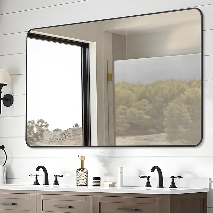 30" x 48"Bathroom Mirror, Matte Black Wall Mirror with Metal Frame, Decorative Rectangular Vanity Mirror for Bedroom Bathroom Living Room Entryway (Horizontal/Vertical)