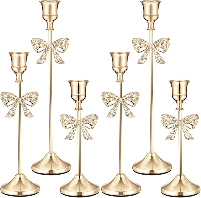 6 Pcs Christmas Candle Holders 3 Size Gold Taper Candlestick Holders Set Vintage Decorative Centerpiece for Table Mantel Wedding Housewarming Thanksgiving Gifts (Bowknot)