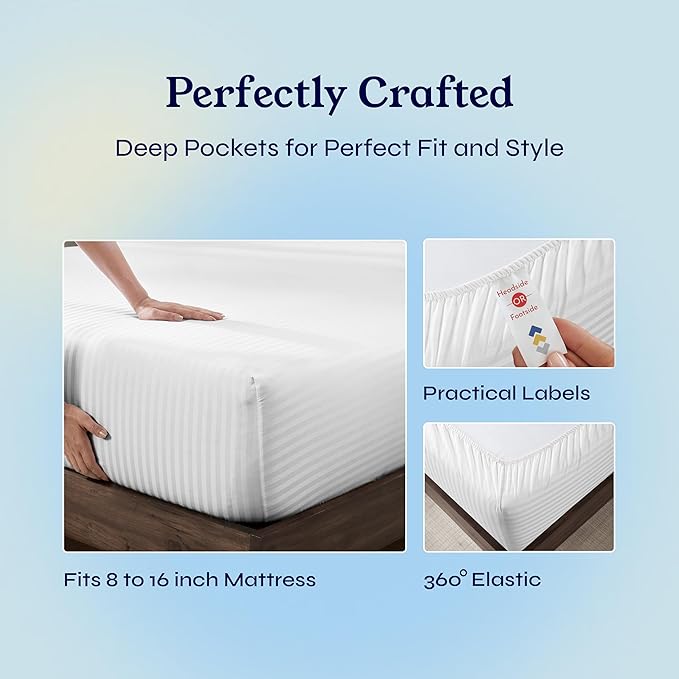 California Design Den Striped King Size Sheets Set - Soft 400 Thread Count Sateen, Natural 100% Cotton Sheets with Deep Pockets, Cooling and Durable Bedding Set - Striped White