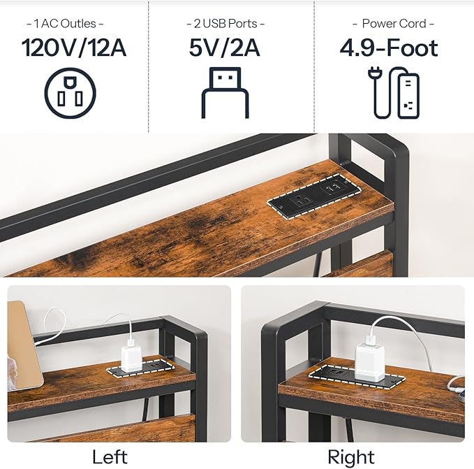 HOOBRO Headboard Full Size, Headboard with 2 Outlets and 4 USB Ports, Adjustable Height, Storage Rack, Sturdy and Stable, Easy Assembly, Rustic Brown and Black