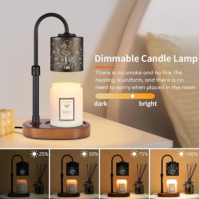 Dimmable Candle Warmer Lamp with Timer Adjustable Height for Scented Jar Candles Electric Candle Wax Melt Warmer for Home Decor Christmas Birthday Gifts for Women Mom(Mushrooms+Bees)