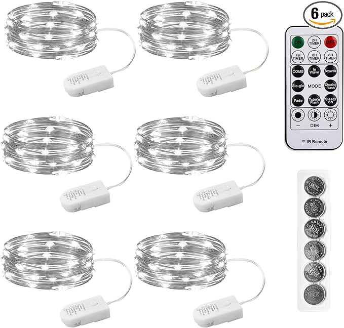 6PCS White Fairy Lights Battery Powered with Timer, 7ft 20LEDs Twinkle Mini Lights with Remote,Waterproof Small Silver Wire Firefly Starry for DIY Wedding Party Christmas