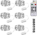6PCS White Fairy Lights Battery Powered with Timer, 7ft 20LEDs Twinkle Mini Lights with Remote,Waterproof Small Silver Wire Firefly Starry for DIY Wedding Party Christmas
